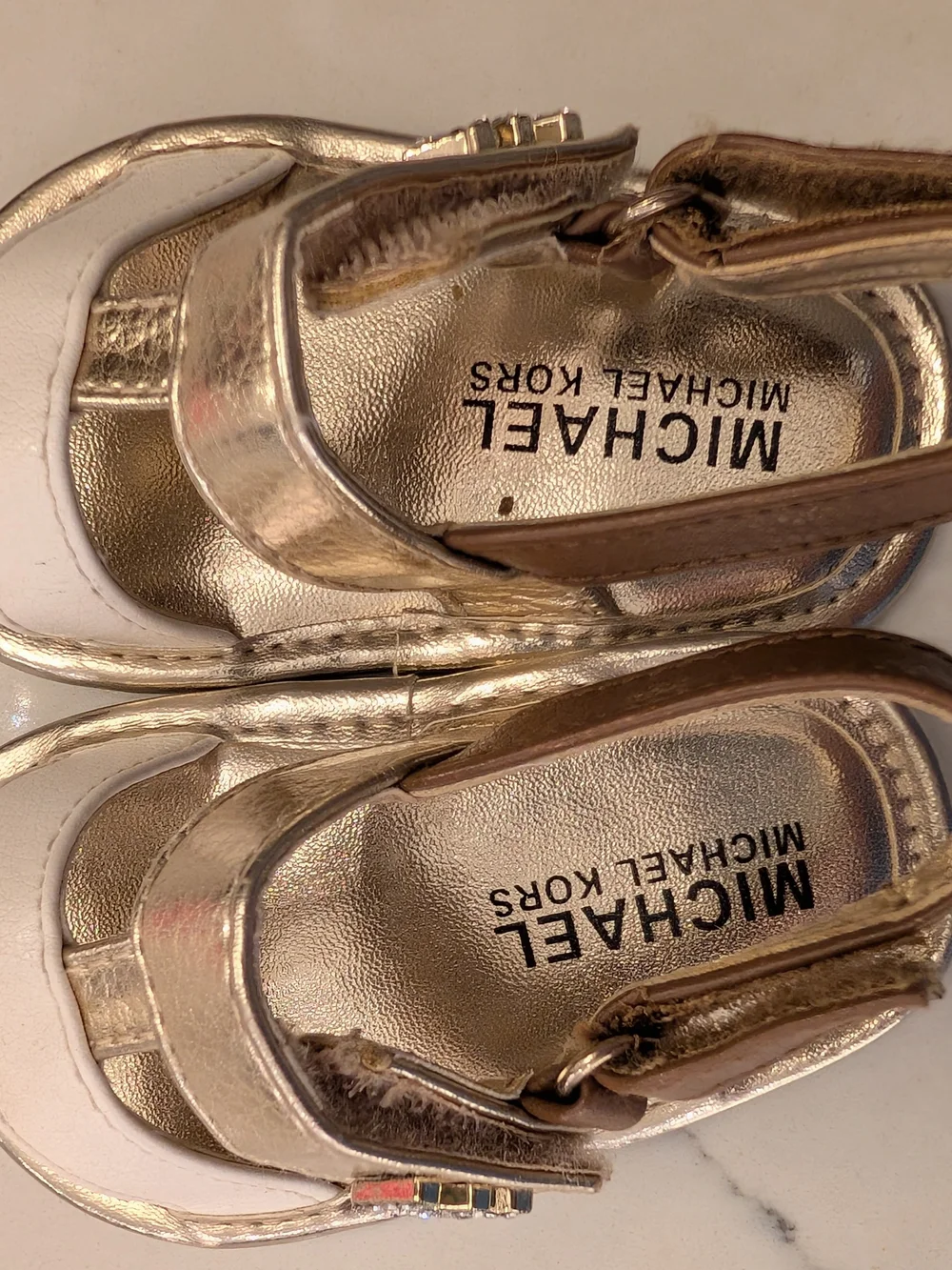 Michael Kors Metallic Gold & White Sandals with Brown Strap Baby Size 2 - Picture 7 of 11